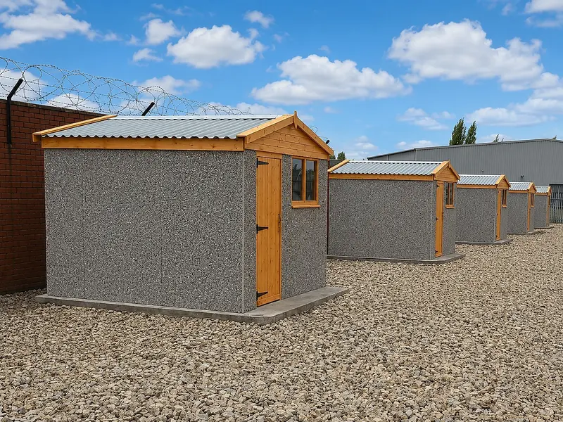 Row of apex-roof concrete sheds and workshops on a commercial gravel yard