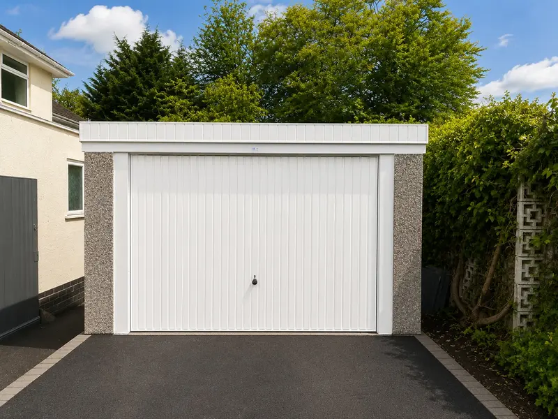 White double pent roof concrete garage on a block-paved driveway